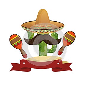 Animated sketch cactus with mexican hat and moustache with maraca photo