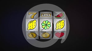 Animated slot machine reels spin. Slot machine with fruit icons.