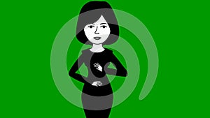 Animated speaking girl in black dress. The woman constantly tells something and gestures with her hands. Black hair.