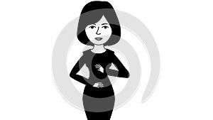 Animated speaking girl in black dress. The woman constantly tells something and gestures with her hands. Black hair.