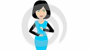 Animated speaking girl in blue dress. The woman constantly tells something and gestures with her hands. Black hair.