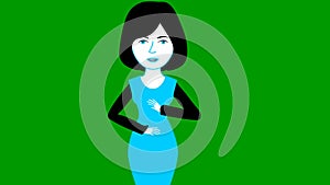 Animated speaking girl in blue dress. The woman constantly tells something and gestures with her hands. Black hair.