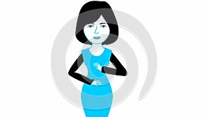 Animated speaking girl in blue dress. The woman constantly tells something and gestures with her hands. Black hair.