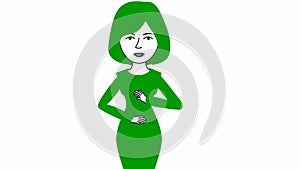 Animated speaking girl in green dress. The woman constantly tells something and gestures with her hands. Black hair.