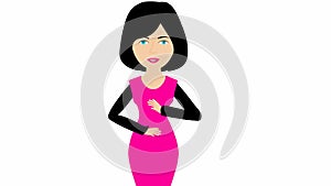 Animated speaking girl in pink dress. The woman constantly tells something and gestures with her hands. Black hair.