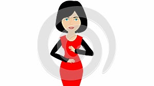 Animated speaking girl in red dress. The woman constantly tells something and gestures with her hands. Black hair.