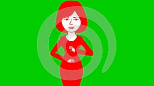 Animated speaking girl in red dress. The woman constantly tells something and gestures with her hands. Black hair.