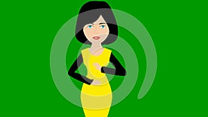 Animated speaking girl in yellow dress. The woman constantly tells something and gestures with her hands. Black hair.