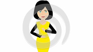 Animated speaking girl in yellow dress. The woman constantly tells something and gestures with her hands. Black hair.