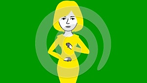 Animated speaking girl in yellow dress. The woman constantly tells something and gestures with her hands. Black hair.