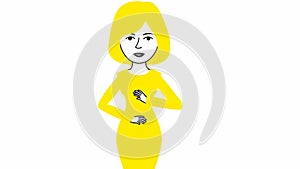 Animated speaking girl in yellow dress. The woman constantly tells something and gestures with her hands. Black hair.