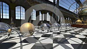 Animated surreal oprganic spheres in steampunk victorian interior. 3D rendering. 4K