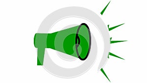Animated symbol of green megaphone. Looped video. Concept of news, announce, propaganda, promotion, broadcast, media, message.