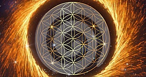 animated symbol of sacred geometry for meditation and yoga events. Flower of life symbol on rotating circle of fire. Films