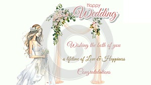 Animated text Happy Wedding Online congratulation greeting card animation in pink Floral Spring fresh colors.