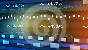 Animated ticker showing stock market fluctuations, percentage indices running