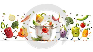 Animated vegetables with faces joyfully gather around a pot, depicting a lively and colorful cooking scene