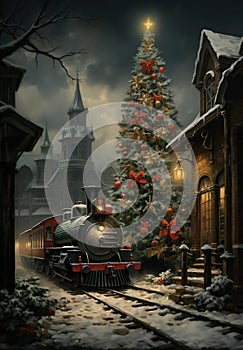 Animated vintage of train and chrismast tree at town
