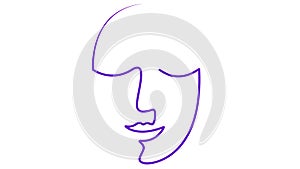 Animated violet linear face of a human with closed eyes is gradually drawn. Head from ribbon. Single line. Concept of beauty