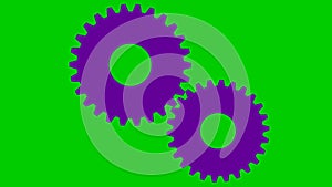Animated violet two gears spin. Looped video. Concept of teamwork, business.