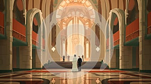 Animated Wedding Scene With Monumental Architecture And Art Deco-inspired Design