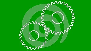 Animated white two gears spin. Linear symbol. Concept of teamwork, business, technology, industry. Looped video.