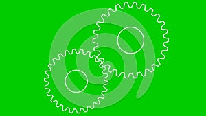 Animated white two gears spin. Linear symbol. Concept of teamwork, business, technology, industry. Looped video.