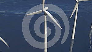 Animated wind turbines in an ocean windfarm