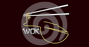 Animated wok logo made of chopsticks and noodles on fire background