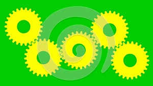 Animated yellow gears spin. Flat symbol. Concept of connection, teamwork, communication.