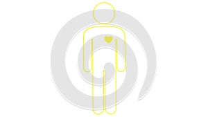 Animated yellow linear symbol of person. Looped video of beating heart. People icon. Heart pounding.