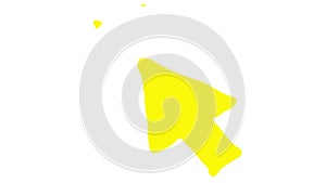 Animated yellow symbol of mouse cursor with rays. Arrow moves and clicks. Icon in sketch style. Hand drawn vector illustration