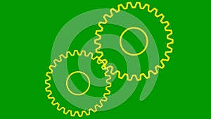 Animated yellow two gears spin. Linear symbol. Concept of teamwork, business, technology, industry. Looped video