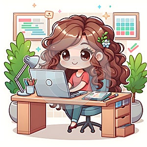 Animated Young Girl With Curly Hair Using a Laptop at a Cozy Home Office Desk