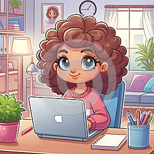 Animated Young Girl With Curly Hair Using a Laptop at a Cozy Home Office Desk