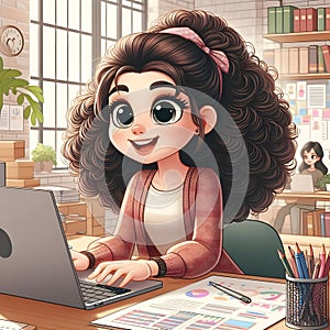 Animated Young Girl With Curly Hair Using a Laptop at a Cozy Home Office Desk