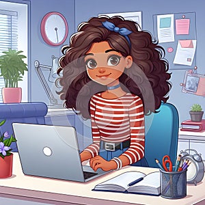 Animated Young Girl With Curly Hair Using a Laptop at a Cozy Home Office Desk