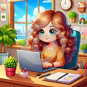 Animated Young Girl With Curly Hair Using a Laptop at a Cozy Home Office Desk