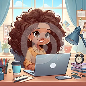 Animated Young Girl With Curly Hair Using a Laptop at a Cozy Home Office Desk