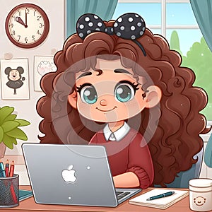 Animated Young Girl With Curly Hair Using a Laptop at a Cozy Home Office Desk