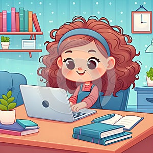 Animated Young Girl With Curly Hair Using a Laptop at a Cozy Home Office Desk