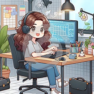 Animated Young Girl With Curly Hair Using a Laptop at a Cozy Home Office Desk