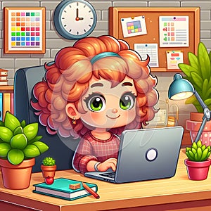 Animated Young Girl With Curly Hair Using a Laptop at a Cozy Home Office Desk