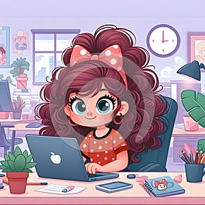 Animated Young Girl With Curly Hair Using a Laptop at a Cozy Home Office Desk