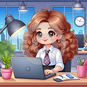 Animated Young Girl With Curly Hair Using a Laptop at a Cozy Home Office Desk