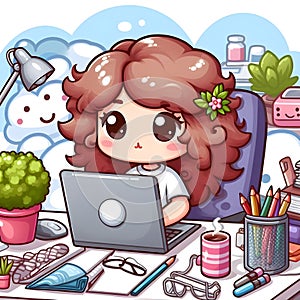 Animated Young Girl With Curly Hair Using a Laptop at a Cozy Home Office Desk