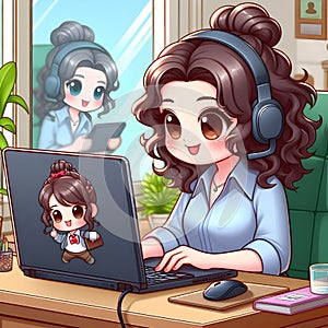 Animated Young Girl With Curly Hair Using a Laptop at a Cozy Home Office Desk