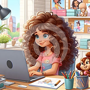 Animated Young Girl With Curly Hair Using a Laptop at a Cozy Home Office Desk