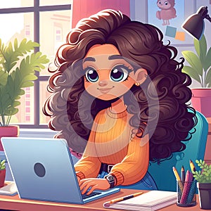 Animated Young Girl With Curly Hair Using a Laptop at a Cozy Home Office Desk