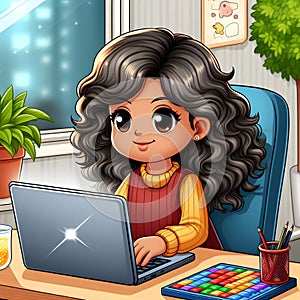 Animated Young Girl With Curly Hair Using a Laptop at a Cozy Home Office Desk